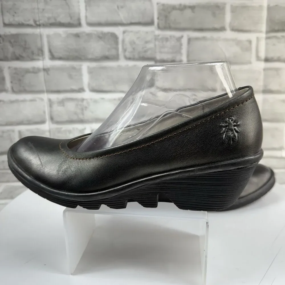 FLY London YAZ Wedge 7/7.5 -EU 38Black Green Metallic Leather Wedge Comfort Shoe